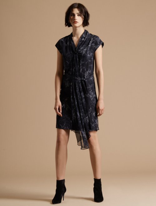 CAP SLEEVE DRAPED NECK PRINTED SILK DRESS