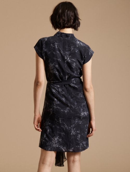 CAP SLEEVE DRAPED NECK PRINTED SILK DRESS