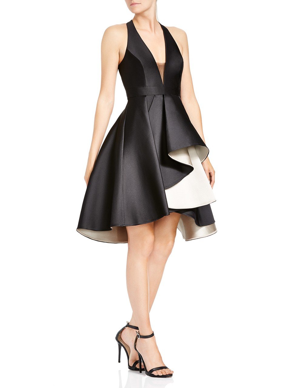 HALTER NECK COLORBLOCK DRESS WITH DRAMATIC SKIRT HALTER NECK COLORBLOCK DRESS WITH DRAMATIC SKIRT
