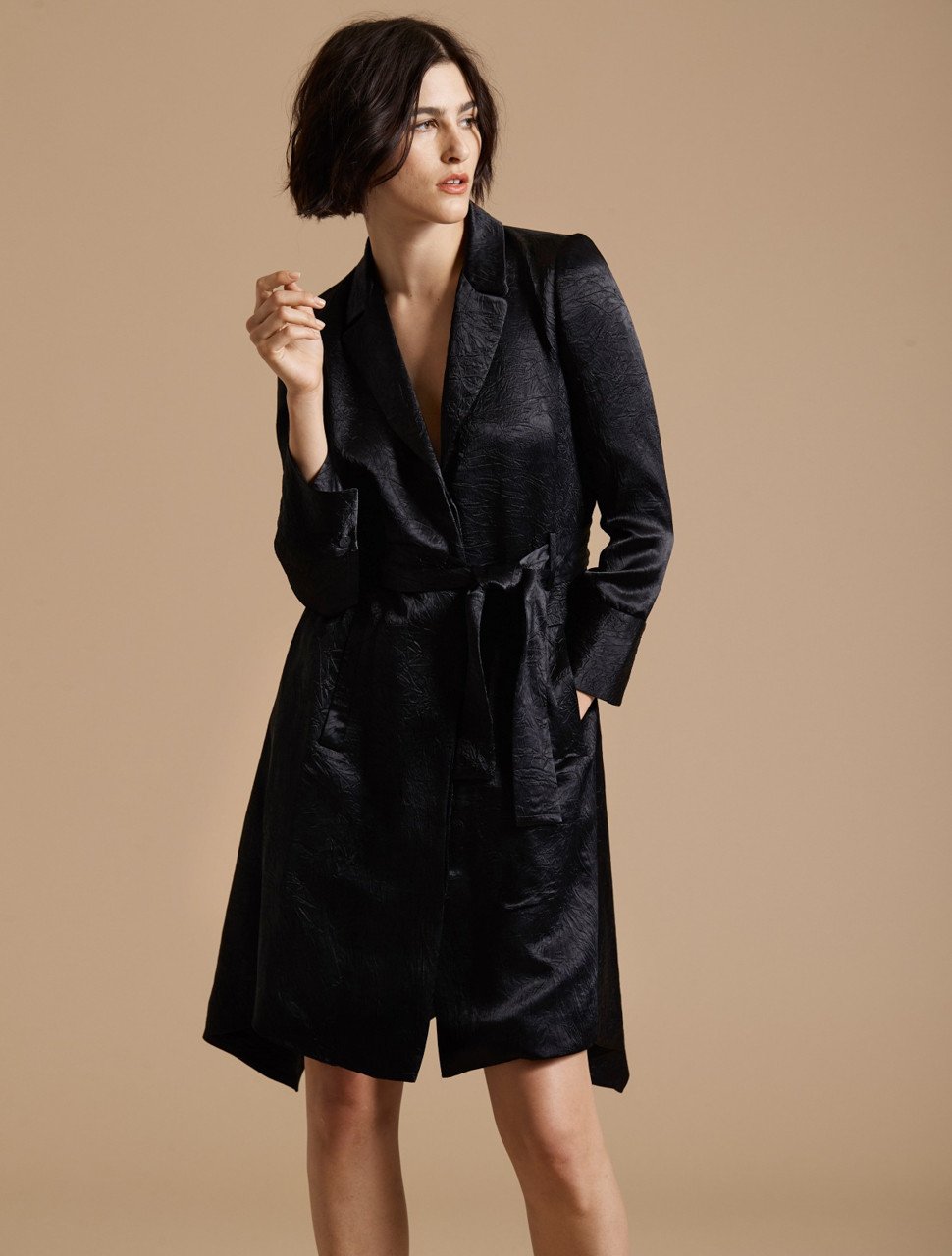 LONG SLEEVE CRUSHED SATIN TRENCH COAT DRESS LONG SLEEVE CRUSHED SATIN TRENCH COAT DRESS