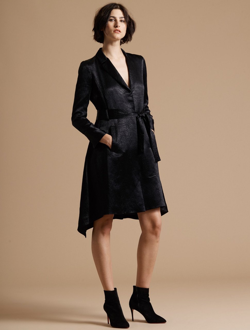 LONG SLEEVE CRUSHED SATIN TRENCH COAT DRESS LONG SLEEVE CRUSHED SATIN TRENCH COAT DRESS
