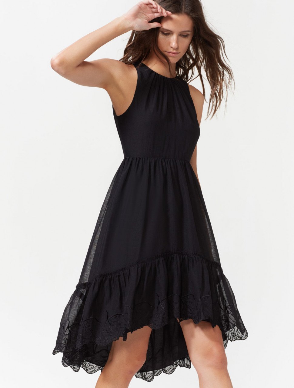 HI LOW DRESS WITH EMBROIDERED HEM HI LOW DRESS WITH EMBROIDERED HEM