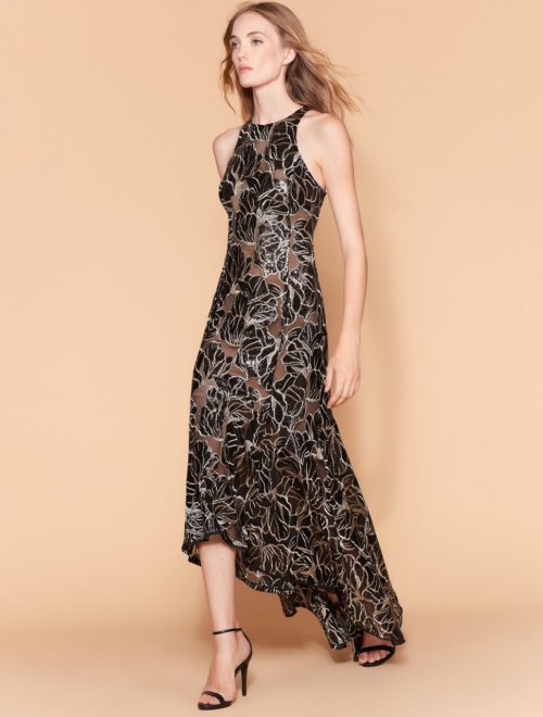 EMBROIDERED SEQUIN HI LO GOWN