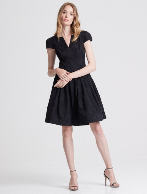 CAP SLEEVE NOTCH NECK JACQUARD DRESS