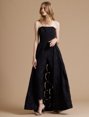 STRAPLESS JACQUARD JUMPSUIT WITH SKIRT OVERLAY STRAPLESS JACQUARD JUMPSUIT WITH SKIRT OVERLAY