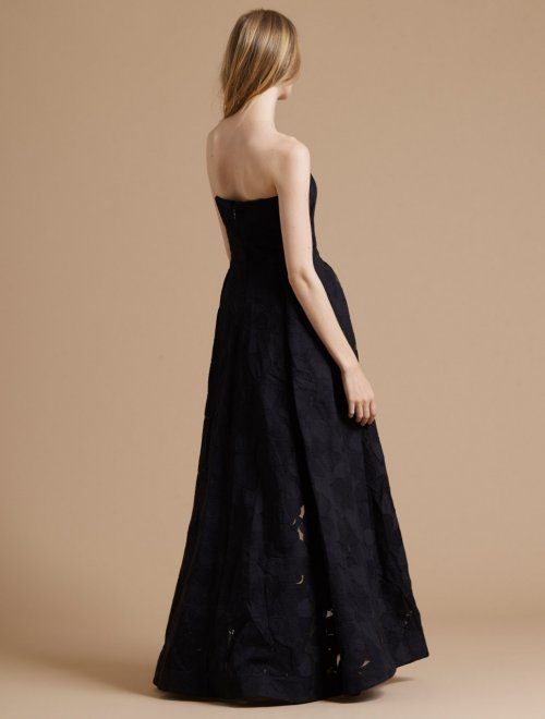 STRAPLESS JACQUARD JUMPSUIT WITH SKIRT OVERLAY