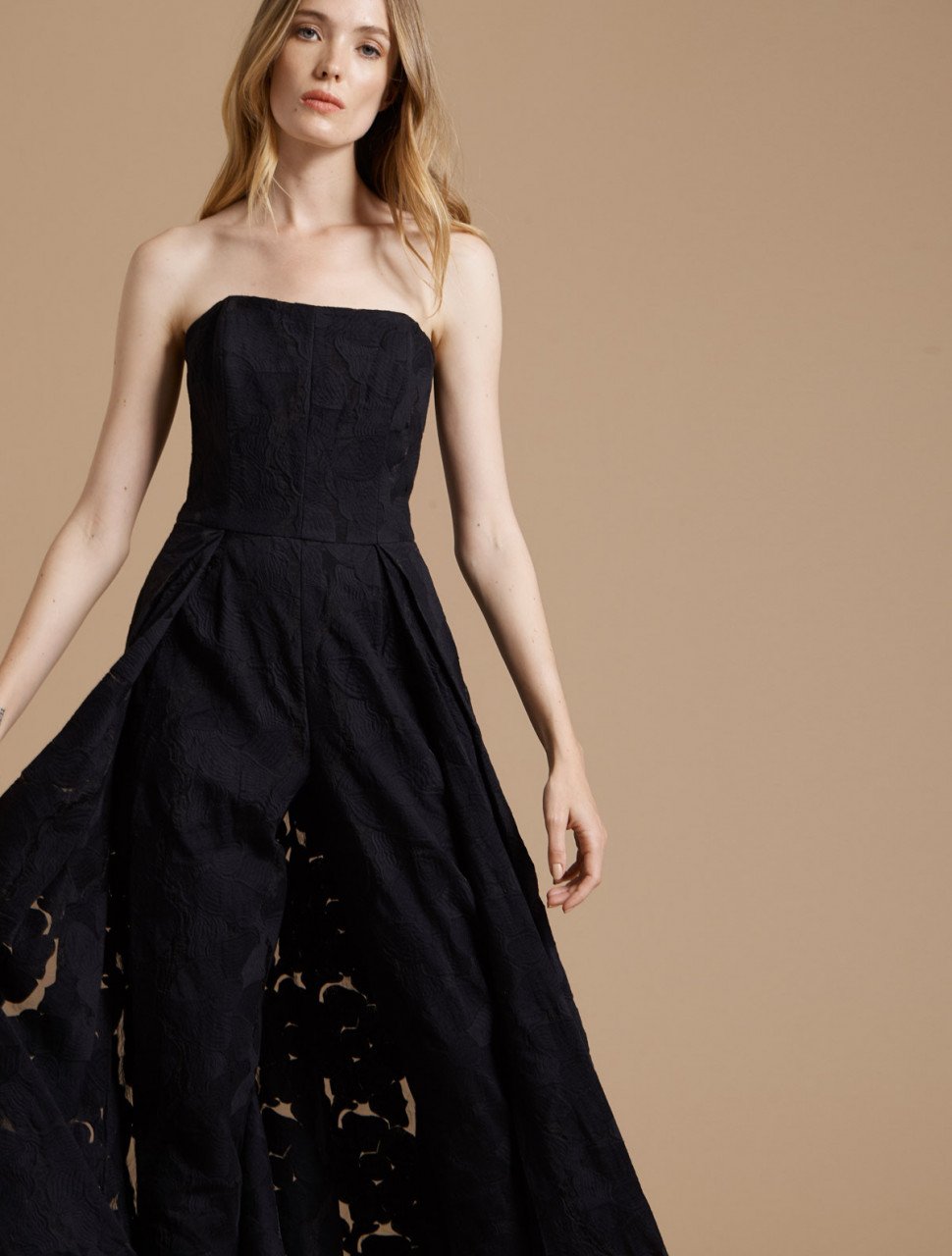 STRAPLESS JACQUARD JUMPSUIT WITH SKIRT OVERLAY STRAPLESS JACQUARD JUMPSUIT WITH SKIRT OVERLAY
