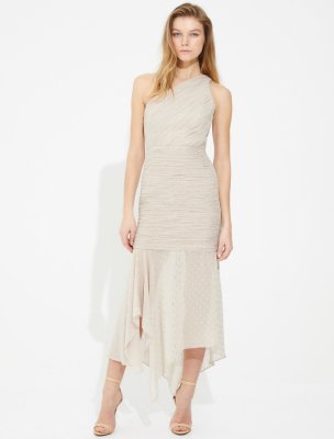 ASYMMETRIC RUCHED FOILED CHIFFON DRESS ASYMMETRIC RUCHED FOILED CHIFFON DRESS