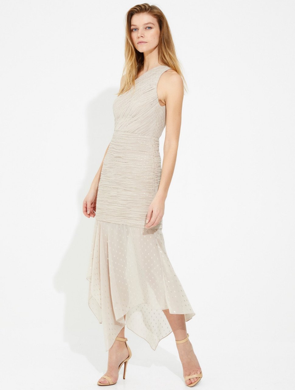 ASYMMETRIC RUCHED FOILED CHIFFON DRESS ASYMMETRIC RUCHED FOILED CHIFFON DRESS