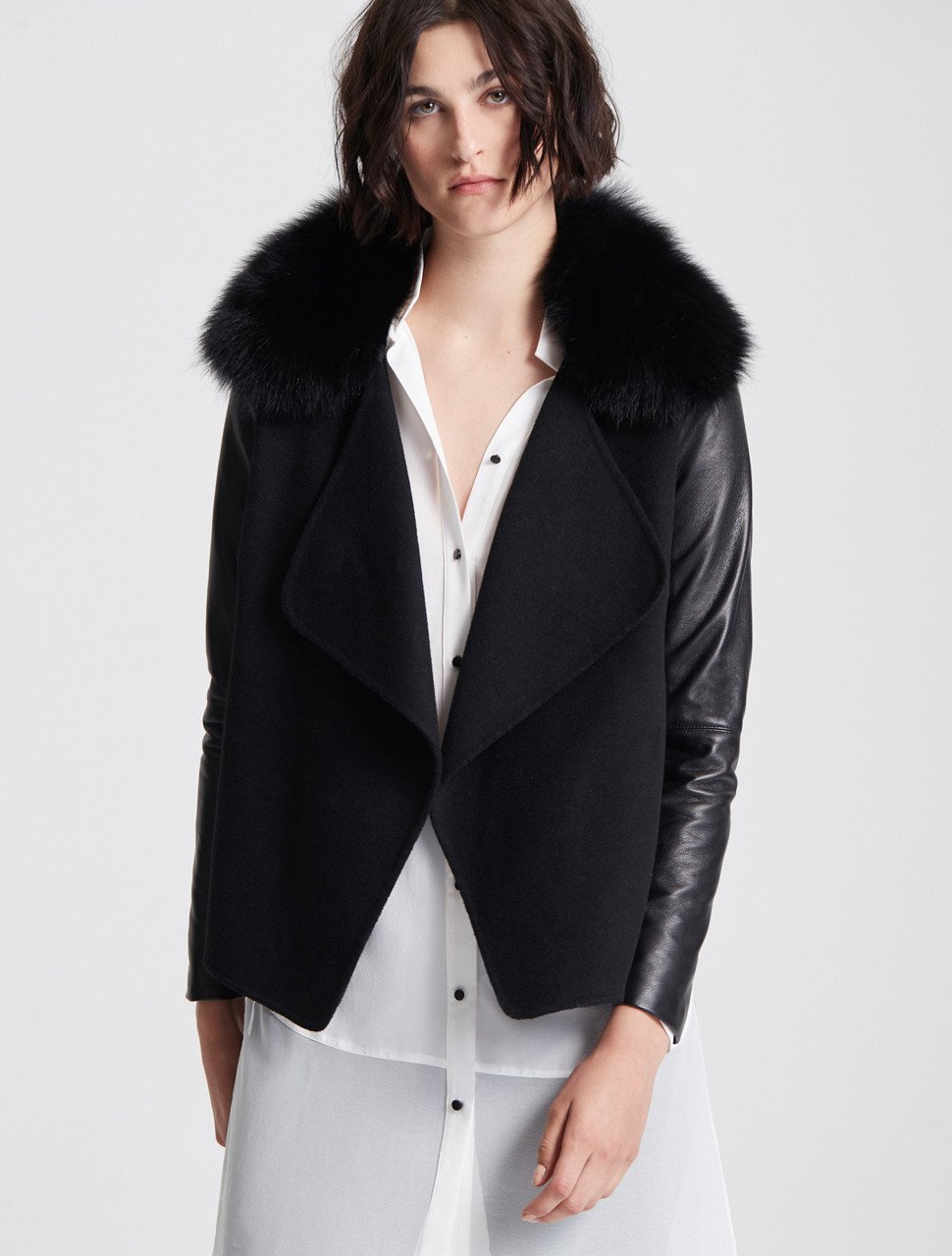 LEATHER SLEEVE FUR COLLAR JACKET LEATHER SLEEVE FUR COLLAR JACKET