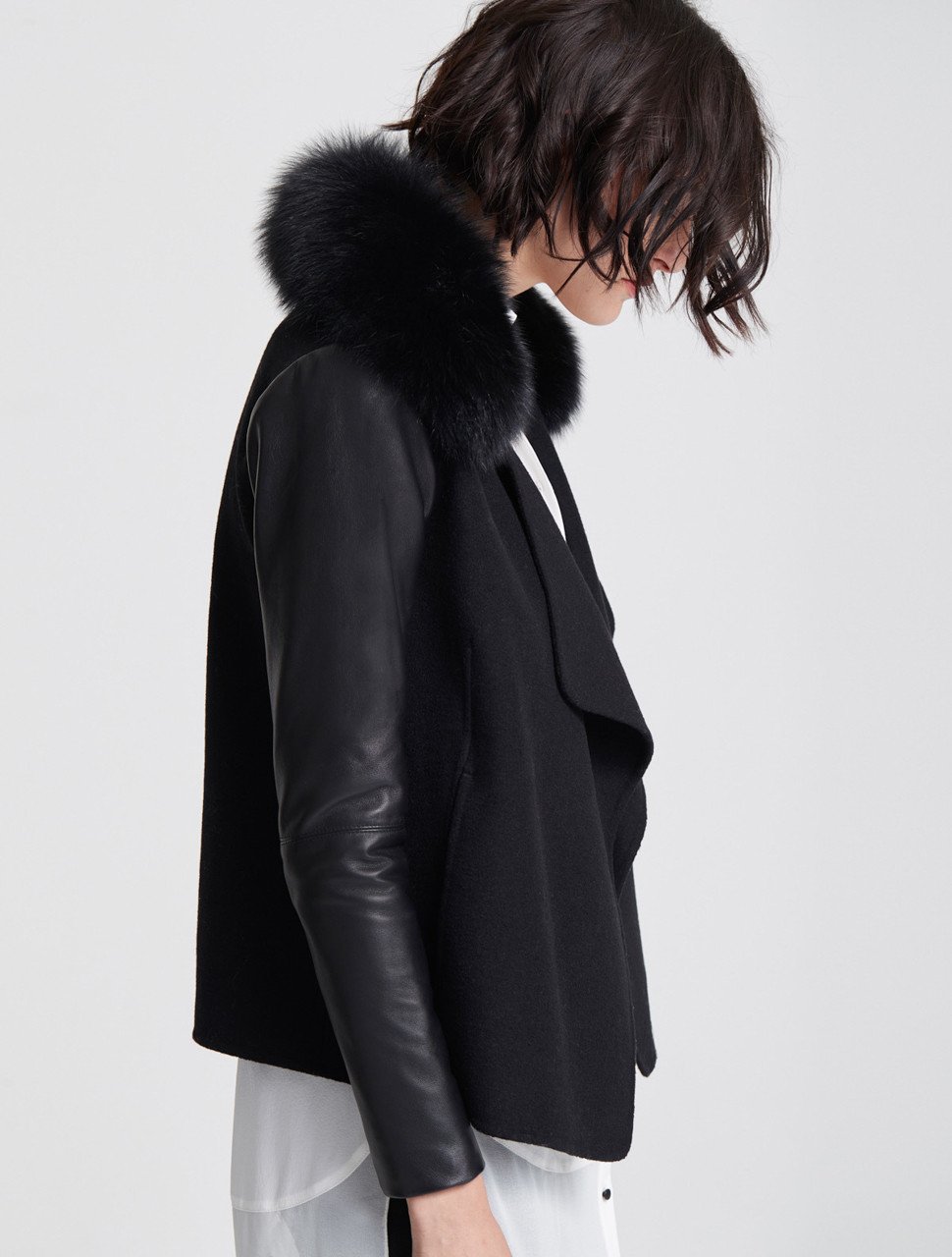 LEATHER SLEEVE FUR COLLAR JACKET LEATHER SLEEVE FUR COLLAR JACKET