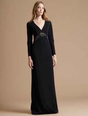 FITTED CREPE KNIT GOWN WITH EMBROIDERED SHEER INSERT FITTED CREPE KNIT GOWN WITH EMBROIDERED SHEER INSERT