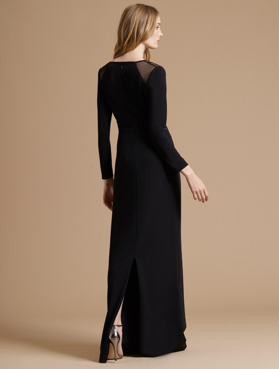 FITTED CREPE KNIT GOWN WITH EMBROIDERED SHEER INSERT FITTED CREPE KNIT GOWN WITH EMBROIDERED SHEER INSERT