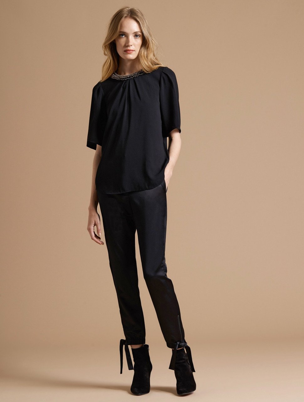 FLOWY SHORT SLEEVE EMBELLISHED SILK TOP FLOWY SHORT SLEEVE EMBELLISHED SILK TOP