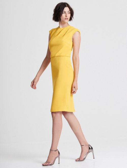 CAP SLEEVE DRAPED NECK CREPE DRESS