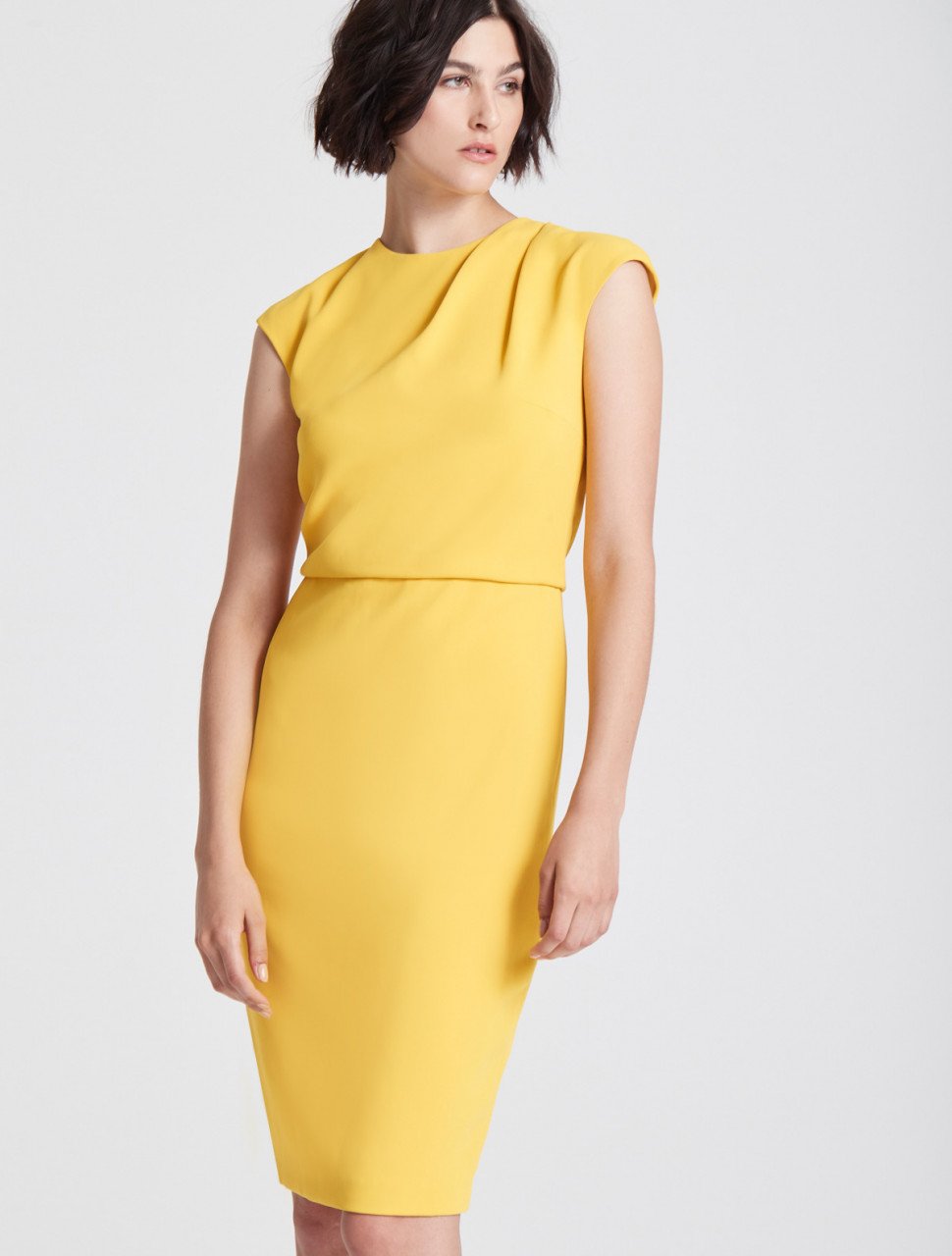 CAP SLEEVE DRAPED NECK CREPE DRESS CAP SLEEVE DRAPED NECK CREPE DRESS