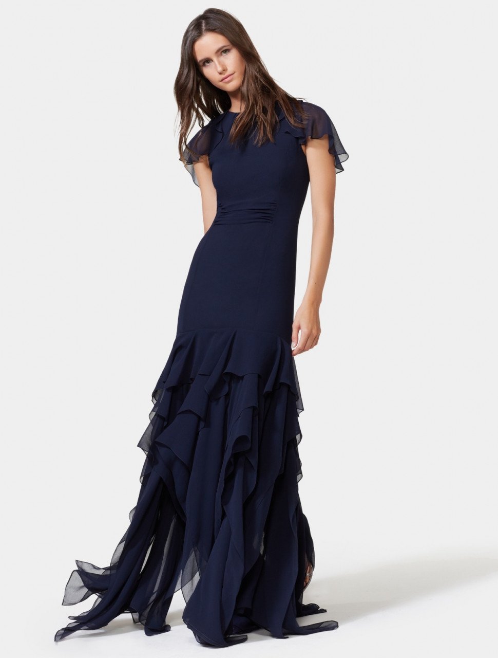 CAPE SLEEVE RUFFLE SKIRT GOWN CAPE SLEEVE RUFFLE SKIRT GOWN