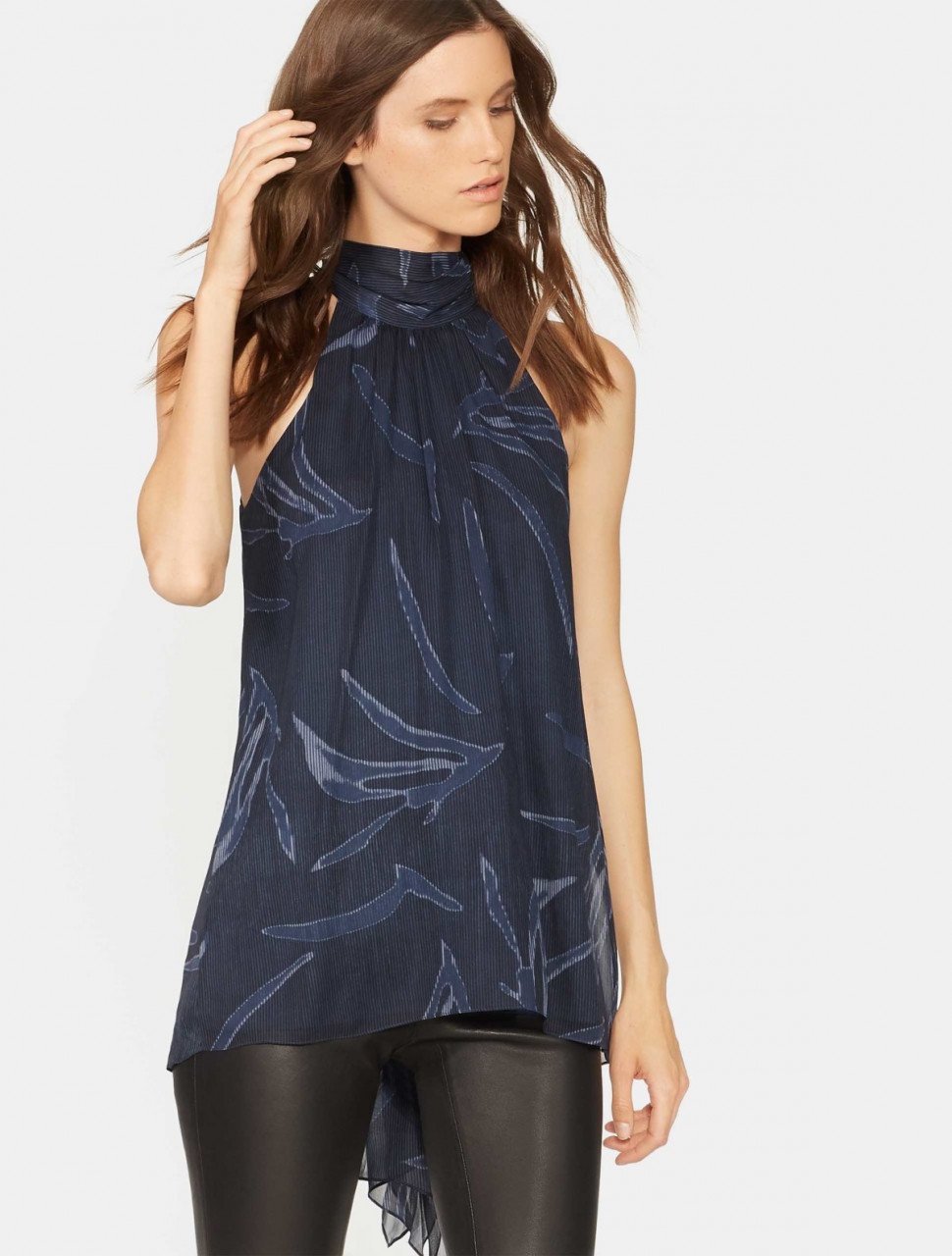 PRINTED MOCK NECK DRAPE BACK TOP PRINTED MOCK NECK DRAPE BACK TOP