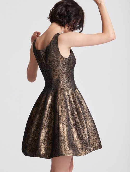 FIT AND FLARE METALLIC JACQUARD DRESS