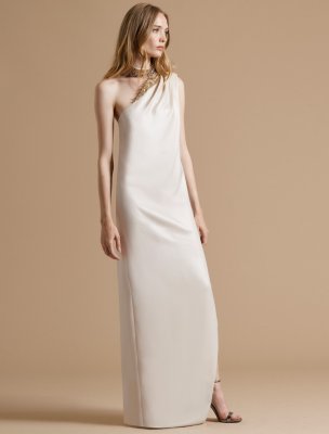 EMBELLISHED NECK ASYMMETRIC CREPE GOWN EMBELLISHED NECK ASYMMETRIC CREPE GOWN