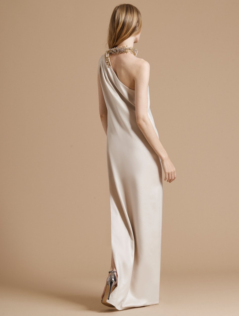 EMBELLISHED NECK ASYMMETRIC CREPE GOWN EMBELLISHED NECK ASYMMETRIC CREPE GOWN