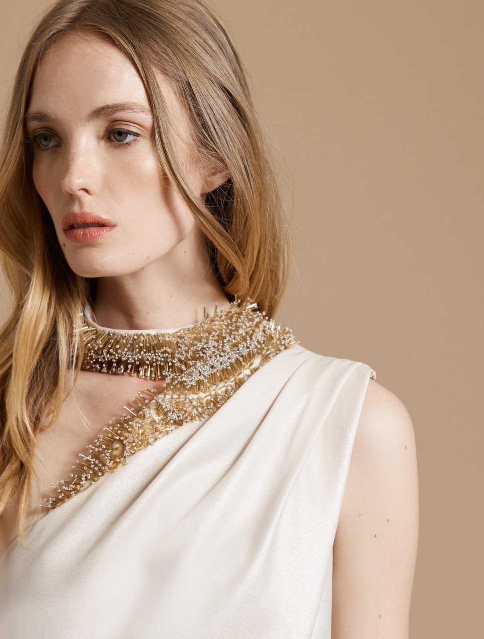 EMBELLISHED NECK ASYMMETRIC CREPE GOWN EMBELLISHED NECK ASYMMETRIC CREPE GOWN