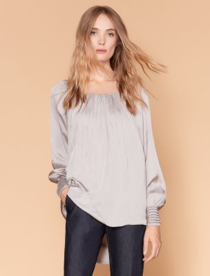 LONG SLEEVE RUCHED NECK TOP WITH SMOCK CUFFS LONG SLEEVE RUCHED NECK TOP WITH SMOCK CUFFS