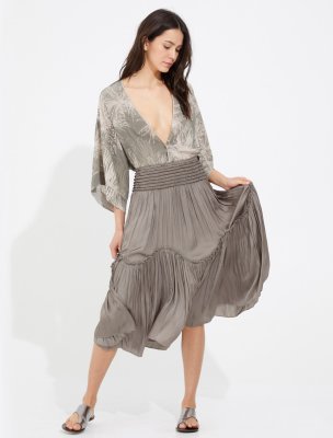 SMOCKED FLOWY MEMORY SATIN SKIRT SMOCKED FLOWY MEMORY SATIN SKIRT
