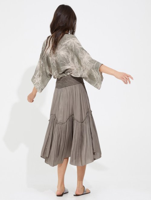 SMOCKED FLOWY MEMORY SATIN SKIRT