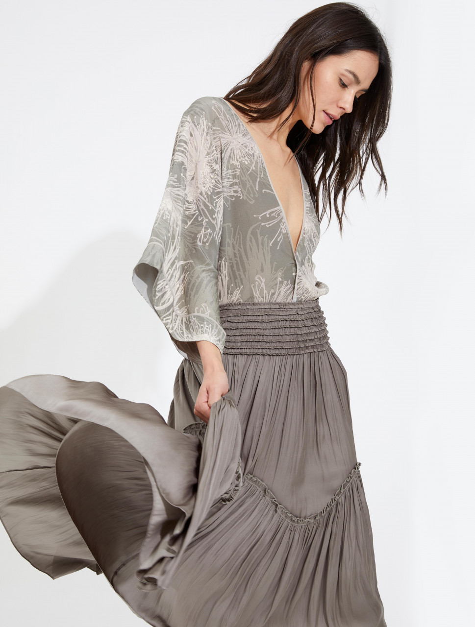 SMOCKED FLOWY MEMORY SATIN SKIRT SMOCKED FLOWY MEMORY SATIN SKIRT