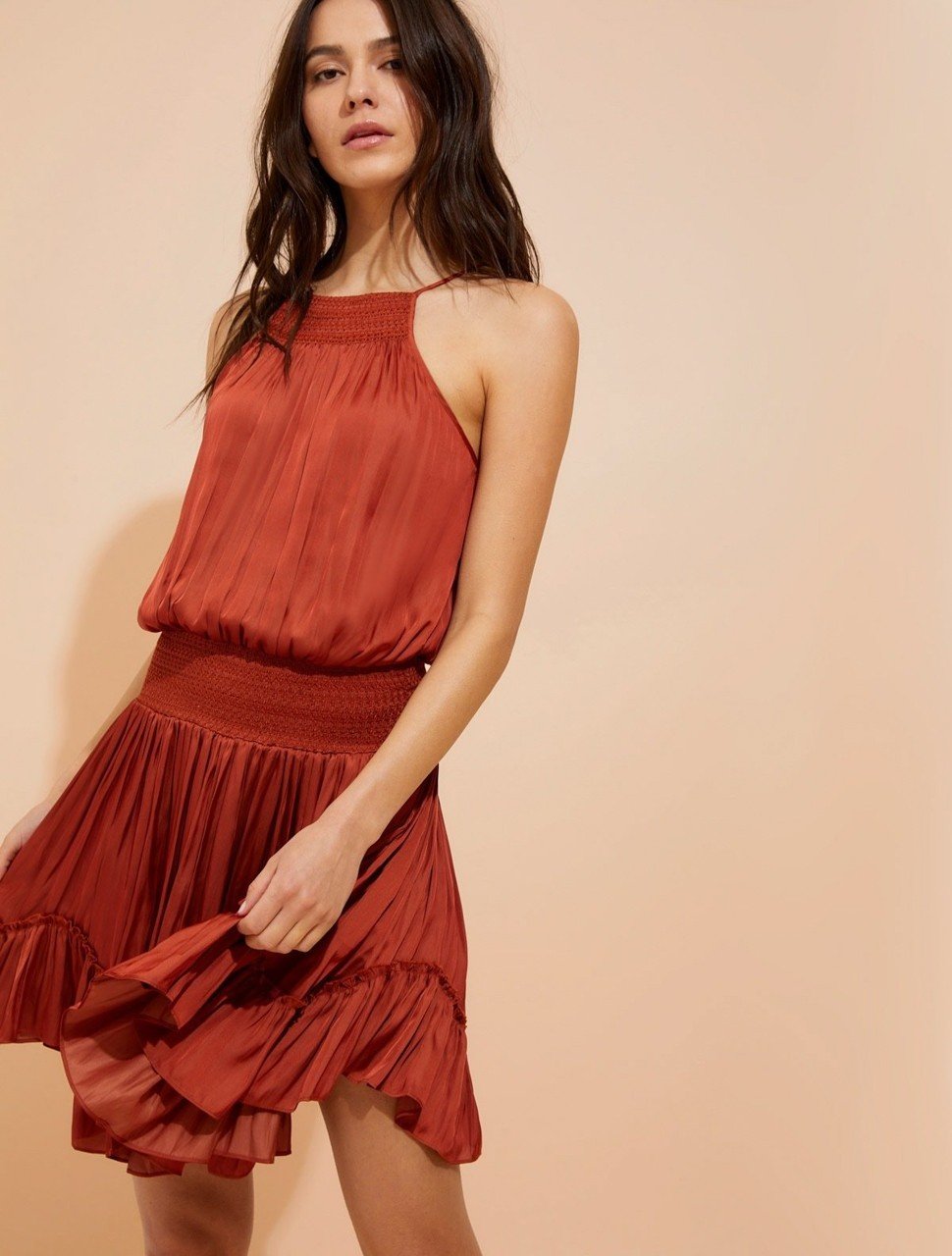 SMOCKED WAIST MEMORY SATIN CAMI DRESS SMOCKED WAIST MEMORY SATIN CAMI DRESS
