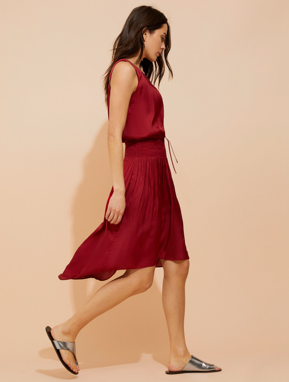 SMOCKED WAIST MEMORY SATIN DRESS SMOCKED WAIST MEMORY SATIN DRESS