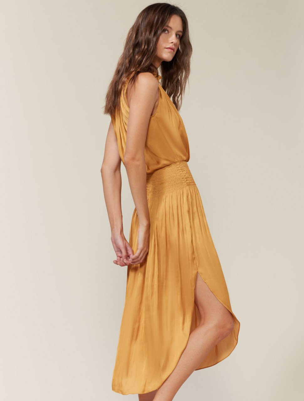 SLEEVELESS SMOCKED WAIST MIDI DRESS SLEEVELESS SMOCKED WAIST MIDI DRESS