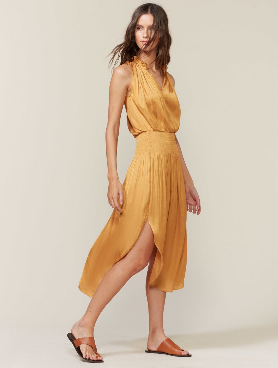 SLEEVELESS SMOCKED WAIST MIDI DRESS SLEEVELESS SMOCKED WAIST MIDI DRESS