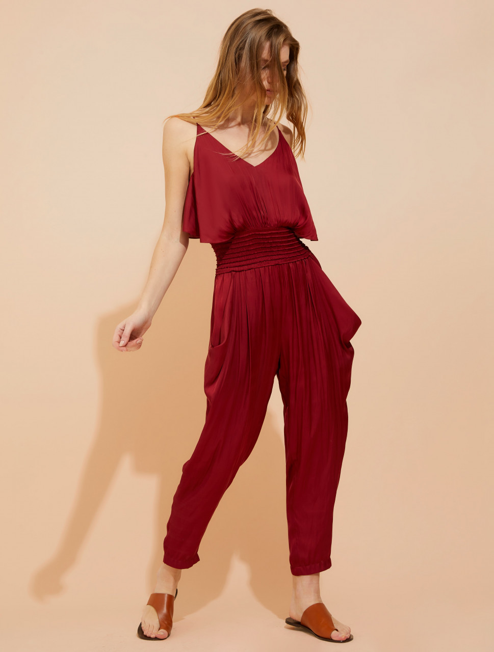 SMOCKED WAIST FLOWY MEMORY SATIN JUMPSUIT SMOCKED WAIST FLOWY MEMORY SATIN JUMPSUIT
