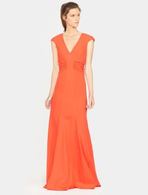 Cap Sleeve V Neck Ruched Detail Crepe Gown Cap Sleeve V Neck Ruched Detail Crepe Gown