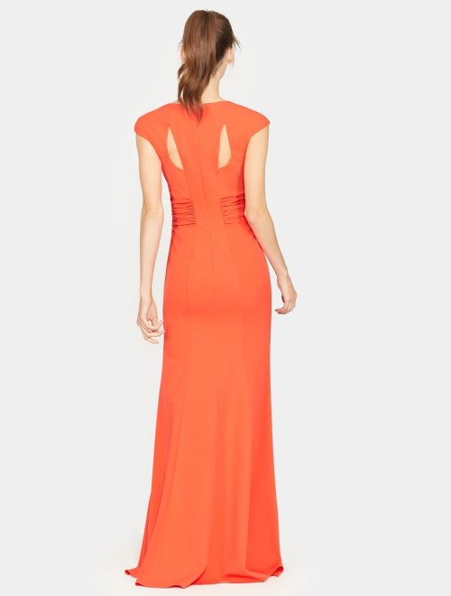 Cap Sleeve V Neck Ruched Detail Crepe Gown