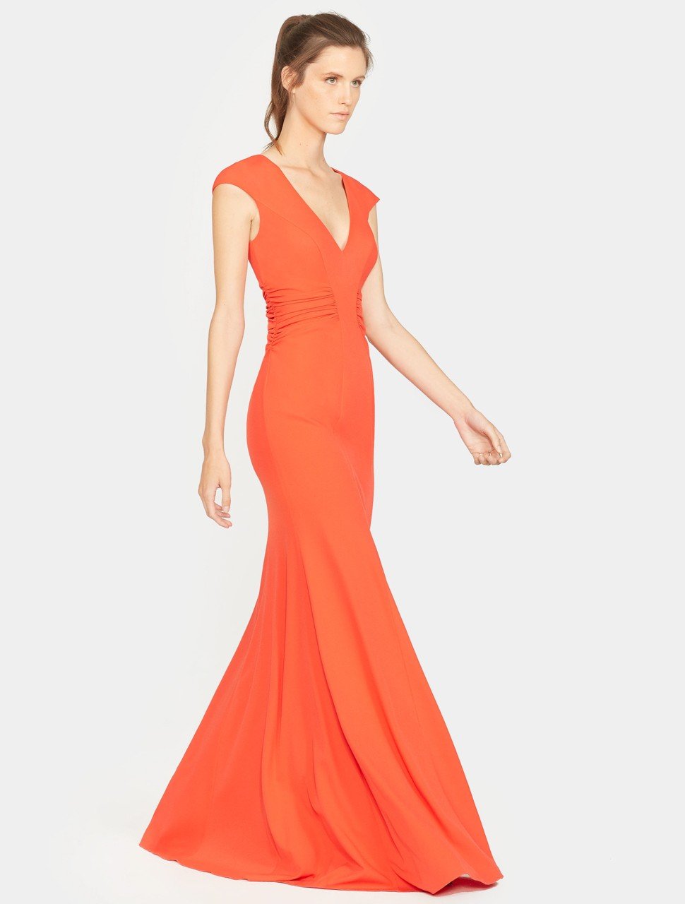 Cap Sleeve V Neck Ruched Detail Crepe Gown Cap Sleeve V Neck Ruched Detail Crepe Gown