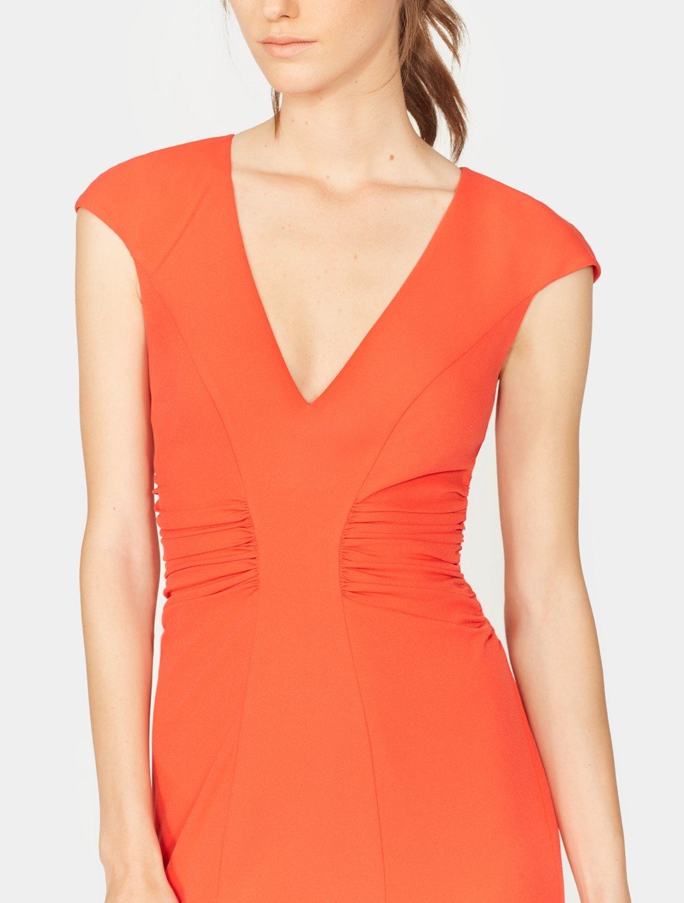 Cap Sleeve V Neck Ruched Detail Crepe Gown Cap Sleeve V Neck Ruched Detail Crepe Gown
