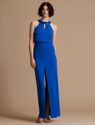 SATIN NECK CREPE GOWN WITH KEYHOLE SATIN NECK CREPE GOWN WITH KEYHOLE