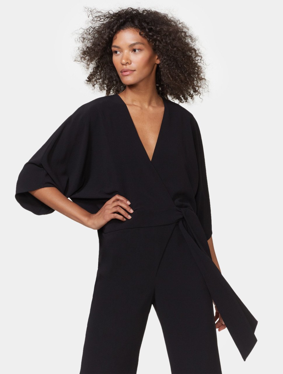 WRAP FRONT FLOWY CREPE JUMPSUIT WRAP FRONT FLOWY CREPE JUMPSUIT