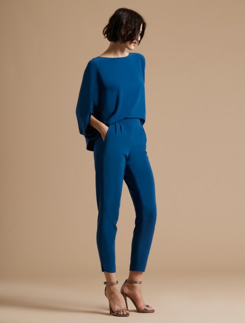 DRAPED SLEEVE TAPERED LEG CREPE JUMPSUIT