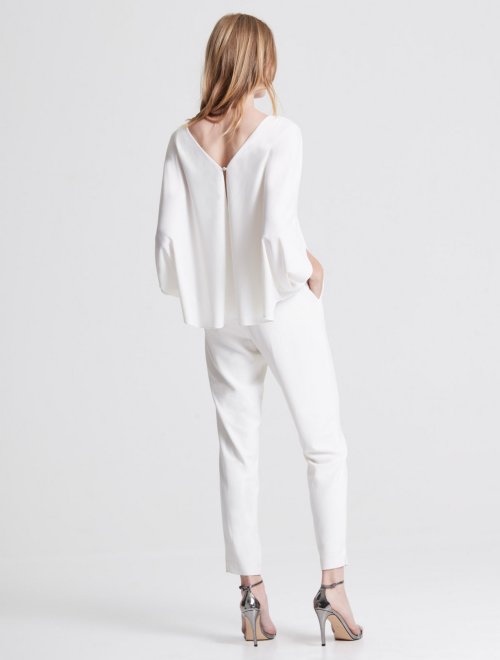 DRAPED SLEEVE TAPERED LEG CREPE JUMPSUIT