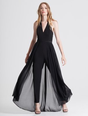 HALTER NECK CREPE JUMPSUIT WITH GEORGETTE OVERLAY HALTER NECK CREPE JUMPSUIT WITH GEORGETTE OVERLAY