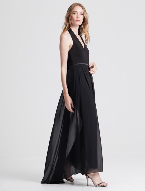 HALTER NECK CREPE JUMPSUIT WITH GEORGETTE OVERLAY
