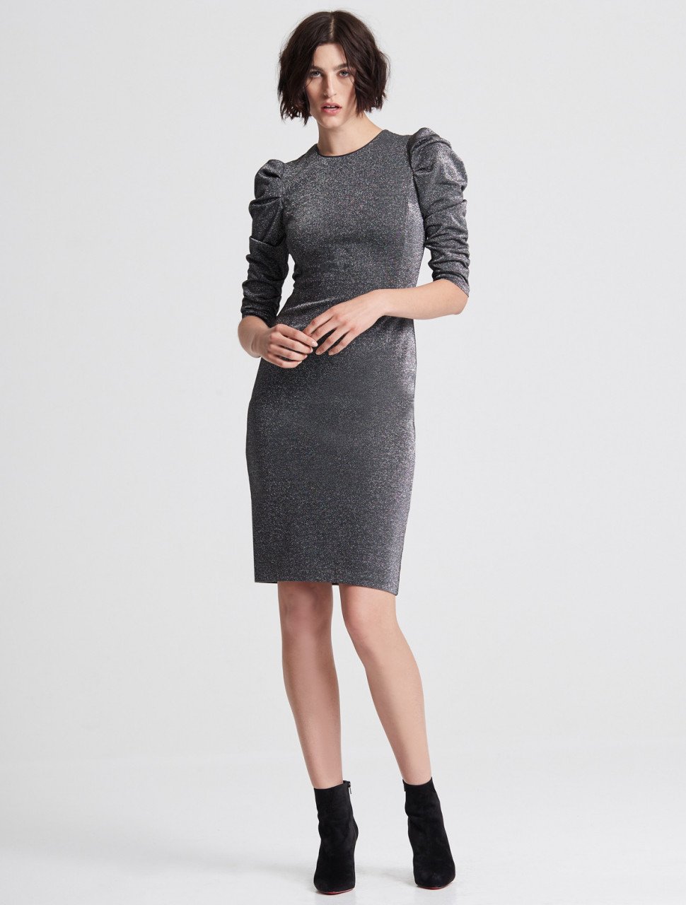 DRAPED SLEEVE SLIM METALLIC KNIT DRESS DRAPED SLEEVE SLIM METALLIC KNIT DRESS