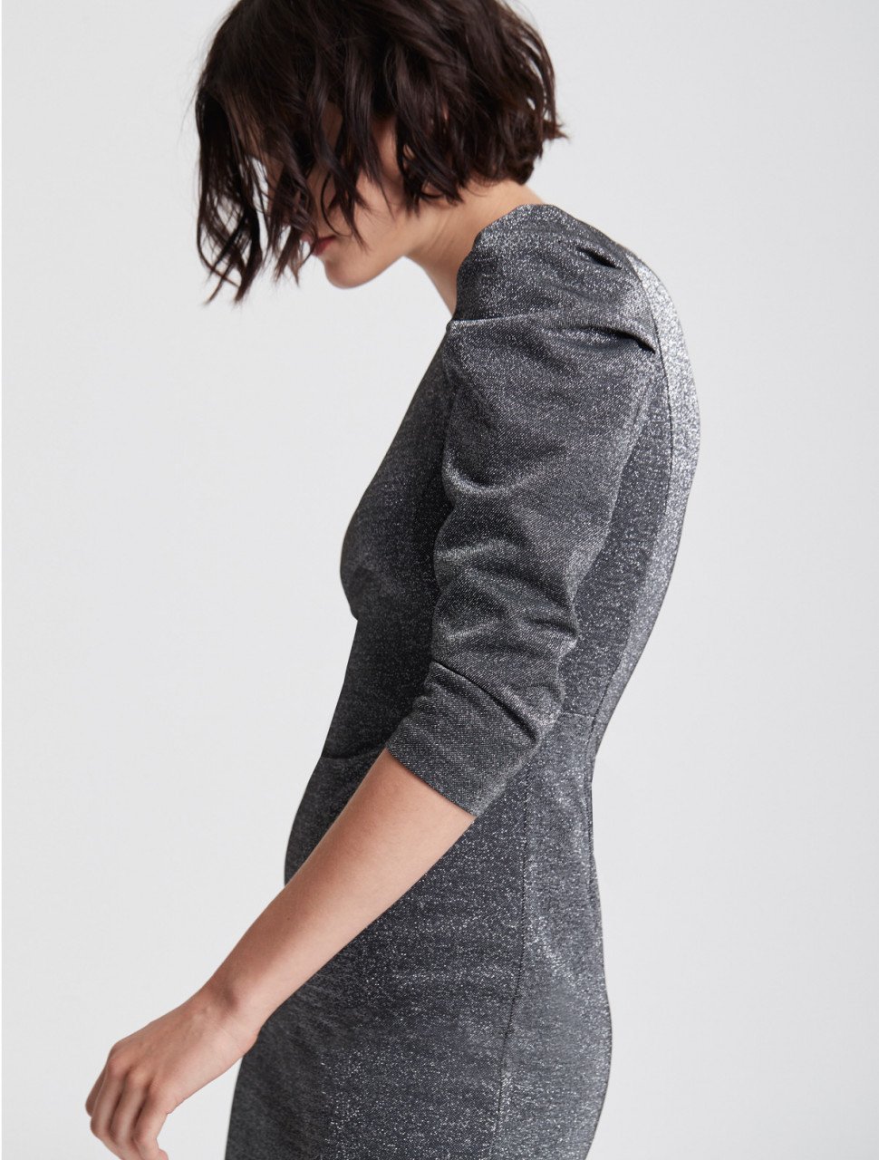 DRAPED SLEEVE SLIM METALLIC KNIT DRESS DRAPED SLEEVE SLIM METALLIC KNIT DRESS