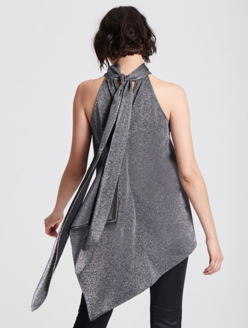 SLEEVELESS MOCK NECK METALLIC KNIT HI LO TOP