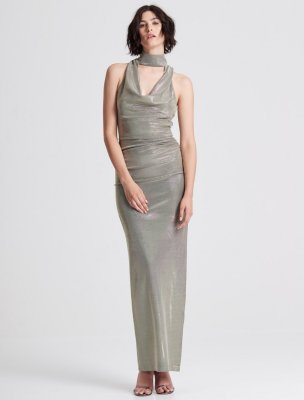 DRAPED NECK METALLIC KNIT GOWN DRAPED NECK METALLIC KNIT GOWN