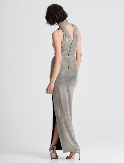 DRAPED NECK METALLIC KNIT GOWN